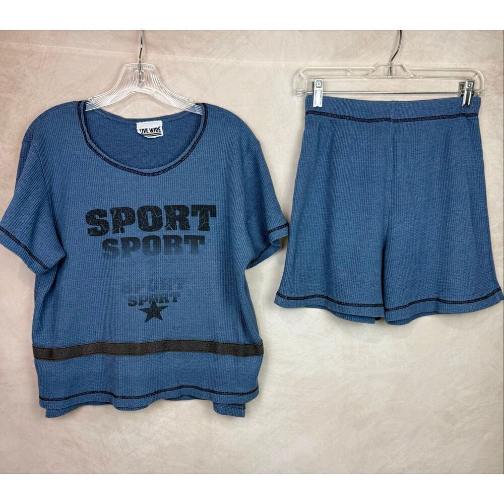 Vintage Pajama Set 1990s 100% Cotton Waffle Knit Size Large Medium Blue